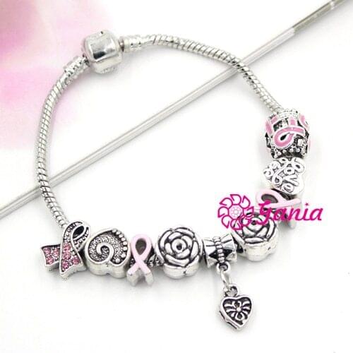 NEW DIY European Heart Rose Bead Heart Charms Pink Ribbon Breast Cancer Awareness Bracelet Fit Pandr Bracelet for Women