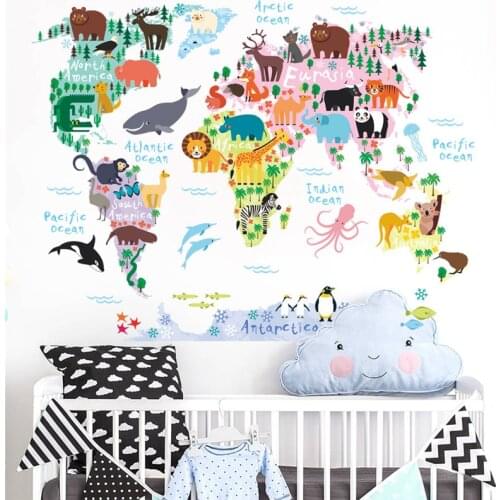 Careative Map Of World Animals Wall Sticker For Kindergarten Classroom Kids Room Home Decoration Diy Safari Mural Art Pvc Decals