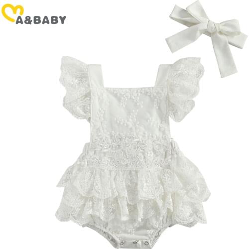 Ma&Baby 0-24M Summer Princess Newborn Infant Baby Girl Lace Rompers Ruffles Jumpsuit Sleeveless Overall Headband