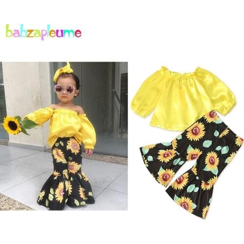 2Piece Spring Fall Toddler Girls Outfits Fashion Yellow Long Sleeve Baby T-shirt+Loose Flowers Pants Kids Clothing Sets 1989-1