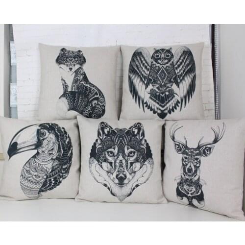 Deer pillow cover, Sketch cartoon animal owl fox wolf deer Toucan throw pillow case pillowcase wholesale