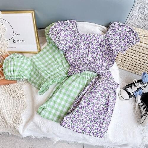 2021 summer childrens fashion sets girl plaid bubble sleeve casual clothes little baby floral cute toddler party birthday suit