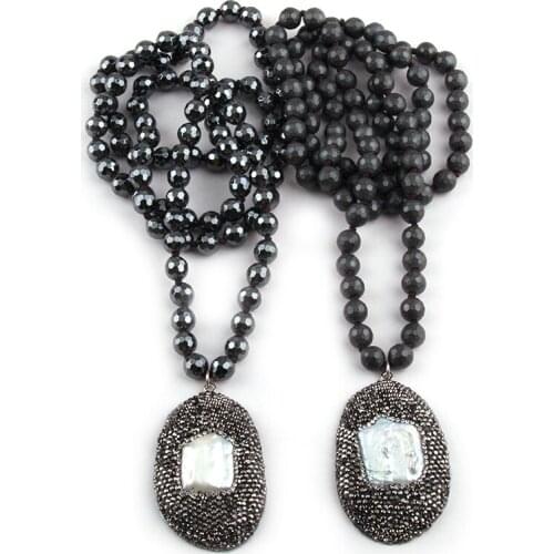 Fashion Faceted 8mm Hematite Stone Long Knotted Handmade Crystal Paved Shell Oval Pendant Necklaces Women Ethnic Necklace