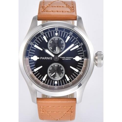 Parnis 47mm Mens Big Top Mechanical Watch Black Dial Date Luminous Power Reserve Seagull ST2542 Movement Mens Automatic Watch
