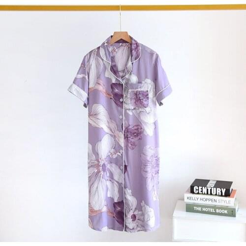 Purple Flower Print Sleepshirts Womens Summer New Lounge Nightgown Casual With Pocket Nightdress Short Sleeve Loose Sleepwear
