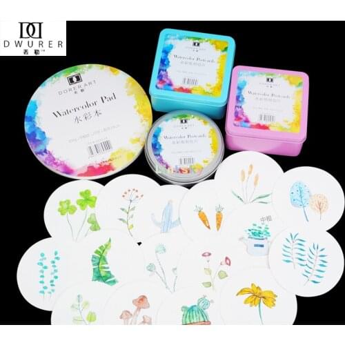 DWURER Watercolor Paper Postcard, 25% Cotton 140 lb (300 GSM) Round Watercolor Pad, Round/Square Tin Box,Travel Art Journal