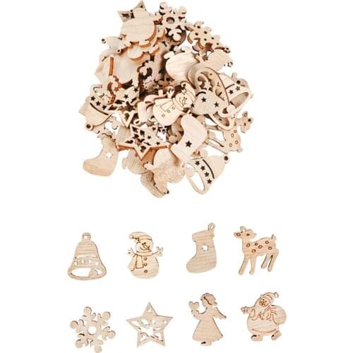 50Pcs Natural Wood Chip Christmas Wood carving Ornaments Christmas Carve Pendant Decor Embellishments Multi-styles DIY Crafts