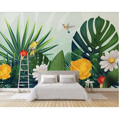 Hand painted tropical forest colorful parrot background wall painting-professional custom wallpaper