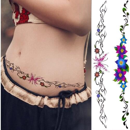 Sexy Butterfly Vines Temporary Tattoos For Women Girls Realistic Fake Flower Tattoo Sticker Bramble Watercolor Waist Tatoo Long