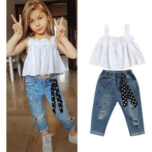 FOCUSNORM 2-7Y Summer Fashion Girls Clothes Sets 2pcs Sleeveless Strap Solid Ruffles Vest Tops Pearls Blue Denim Pants