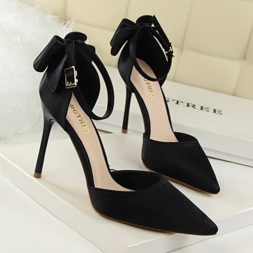 New Fashion Sexy Womens Sweet Beauty Shoes Stiletto High Heel Shallow Pointy Satin Hollow Back Bow Sandals Pumps Wedding Shoes