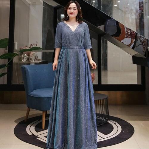 Evening Dresses Elegant Ruched Half Sleeve Deep V-Neck Bling Women Party Dress A-line Floor-length Plus Size Formal Gowns D397