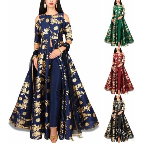 Spring Elegant Print Women Dress moroccan kafan Slim Fit Big Swing Off Shoulder Maxi Vestidos India A-line Party Vestidos 2021