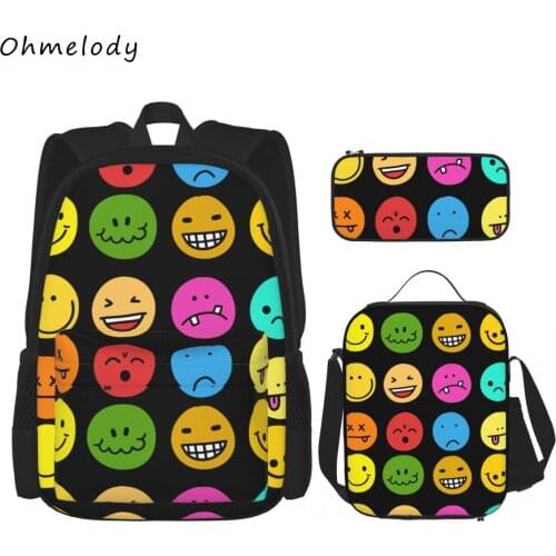 Colorful Smile Face Children School Backpack Lunch Bag Pencil Case 3PCS Back to School Bags for Teens Boys Girls Rucksacks
