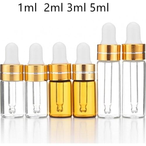 50pcs/lot 1ml 2ml 3ml 5ml Amber Glass Dropper Bottle Essential Oil Display Vials Small Serum Perfume Brown Sample Test Bottle