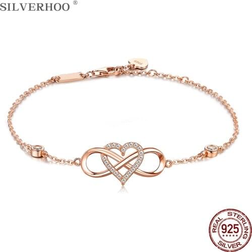 SILVERHOO Infinite Love Charm Bracelet S925 Sterling Silver Adjustable Bracelets For Women Zirconia Hollow Heart Wedding Jewelry