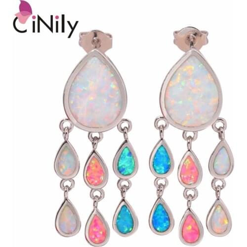 CiNily Created Blue Pink White Fire Opal Silver Plated Wholesale Fashion Jewelry for Women Wedding Stud Earrings 1 1/4" OH3514