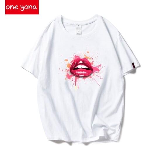 New Ladies White Black T-shirt Sexy Lips Printing T-shirt Peking Opera Facial Makeup Printing Black and White Short-sleeved Shir