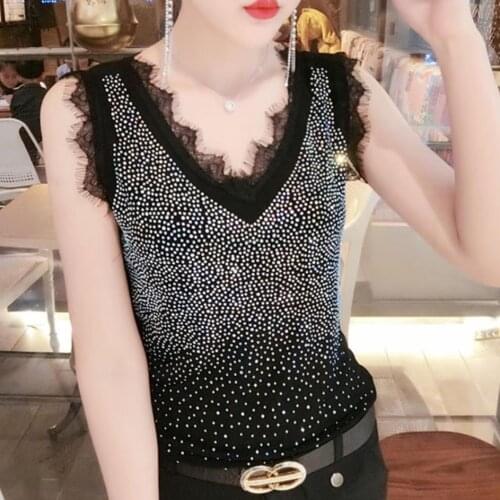 Camis women 2020 new fashion diamond slim women lace heavy work hot drilling sleeveless v-neck top shirt