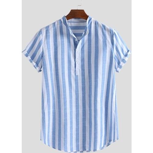 Bule White Stripe Men Shirt Cotton Linen Chemise Homme Casual Mens Shirts Button Chemise Homme Short Sleeves Blouse Streetwear