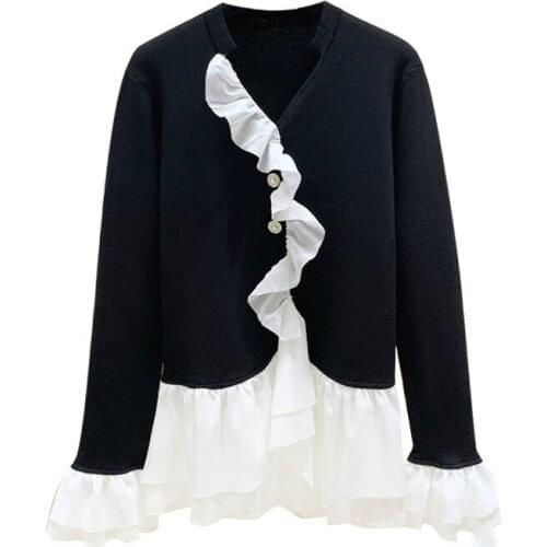 2020 Autumn and Winter New Bell Sleeve Chiffon Stitching V-neck Knitted Cardigan Womens Korean Style Sweater Lady Slim Knit Top