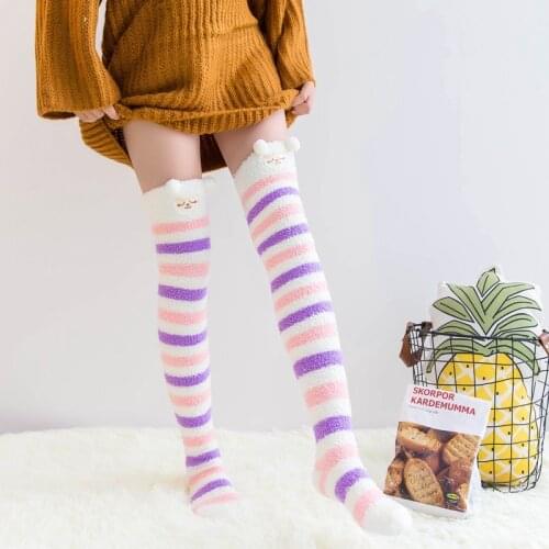 New Winter Women Coral Fleece Knee Socks Cute Cartoon Thick Long Home Floor Stockings sokken striped overknees calcetines altos
