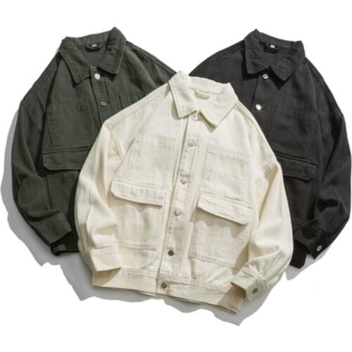 Autumn Winter Japanese Denim Jacket Men Plus Size Long Sleeve Casual White Jacket Youth Fashion Denim Coat Male Streetwear 2xl