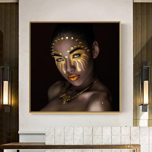 Posters and Prints Wall Art Canvas Painting Dark-skinned Girl with Golden Makeup Oil Painting Picture for Living Room Home Decor