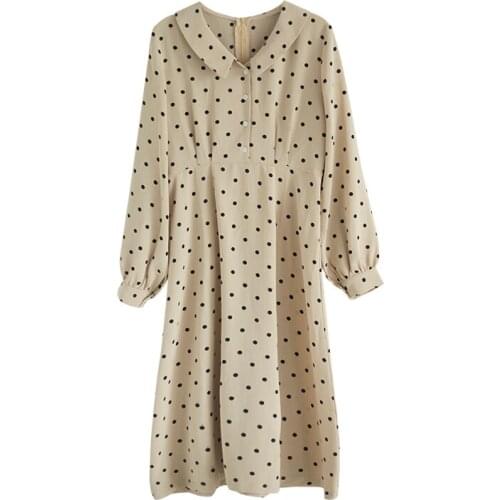 PERHAPS U Khaki Orange Polka Dot Turn Down Collar Long Sleeve Midi Dress Casual Chiffon Autumn D0782