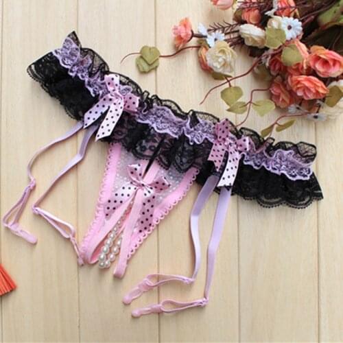 Free Shipping New Sexy Garter Belt for Stocking Black Lace suspenders women sexy Open Crotch Pearl Panties Bow Lingerie Garter
