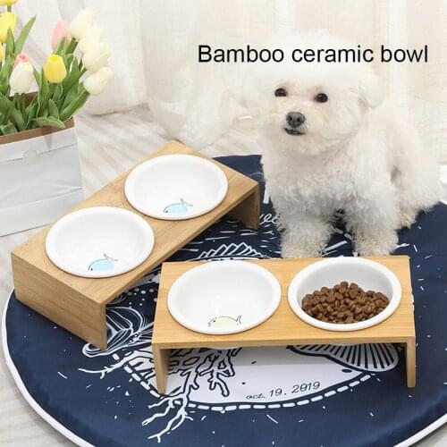 Premium Elevated Pet Bowls, Raised Dog Cat Feeder Solid Bamboo Stand with Ceramic Food Feeding Bowl, for Cats and Puppy
