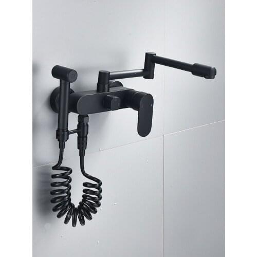 Kitchen Sink Faucet Solid Brass Black Hot & Cold Dual Handle With Spray Gun Wall Mounted Rotating Foldable Balcony Mop Pool Tap