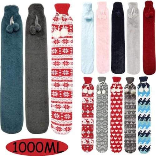 52*9.5cm Hand Warmer Extra Long Hot Water Bottle Bag with Flannel Pocket Cover Hand Feet Warming Water Filling Hot Water Bag 1L