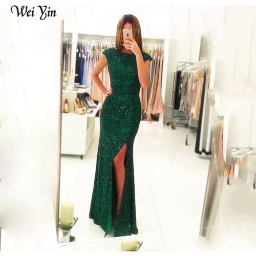 Weiyin AE0628 Green Evening Dress Robe De Soiree Elegant O-neck Formal Gowns For Women Gold Sequins Evening Dresses