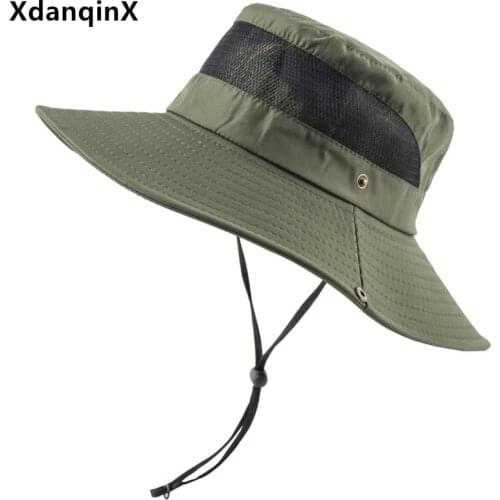 XdanqinX New Summer Mens Cap Mesh Yarn Breathable Bucket Hat Wind Rope Fixed Adjustment Fishing Caps Womens Panama Beach Hats