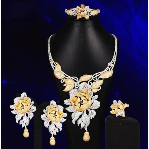 Blachette Natural Big Peony Flowers Jewelry Set Luxury Cubic Zirconia Bangle Earrings Necklace Ring Pendant Accessories