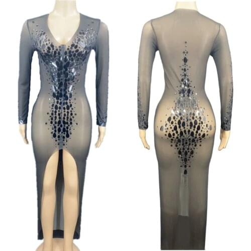 Women Black Sequins See Through Dress Front Split Wedding Evening Birthday Celebrate Party Dresses Sexy Stage Costumes