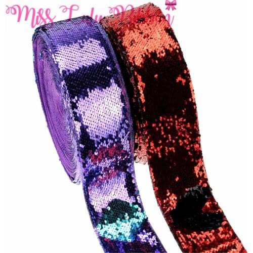 3"75mm Double Color Reversible Sequin Ribbon Red Black Orchid DIY Wedding Party Gift Bowknots Making Solid in Stock 25yards/roll
