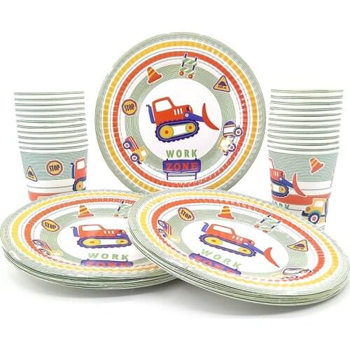 7 Inch Disposable Paper Plate Dessert Tray Dish Boy Kid Construction Vehicle Birthday Party Supplies Tableware With Food Film