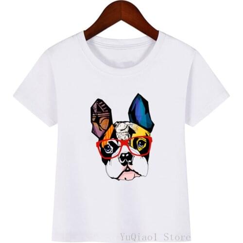 French bulldog with glasses print childrens t-shirt summer kids clothes lovely unisex boy girls tshirt clothing dog lover tops