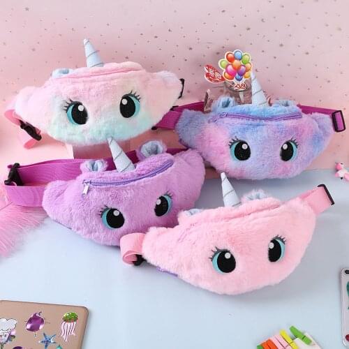 Cute Unicorn Childrens Fanny Pack Girls Waist Bag Kids Plush Toys Belt Gradient Color Anime Cartoon Coin Purse Travel Chest Bag