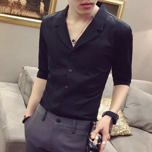 Designer Solid Shirts Men Half Shirt Korea Casual Slim Fit V-neck Shirt Camisa Masculina Streetwear Night Club Clothing 2021