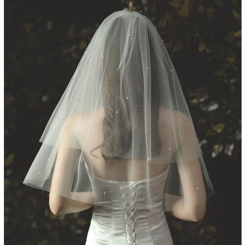 Elegant Elbow Length Wedding Bridal Veil 2-Layer Tulle Beading Headdress with Comb for Wedding Travel Studio Photo Prop V706