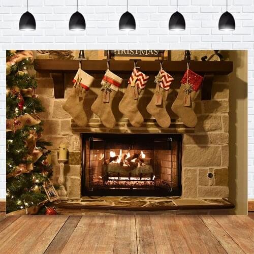 Merry Christmas Photo Background Photocall Fireplace Fire Socks Brick Wall Theme Backdrop X-mas Tree Bell Christmas Family Party