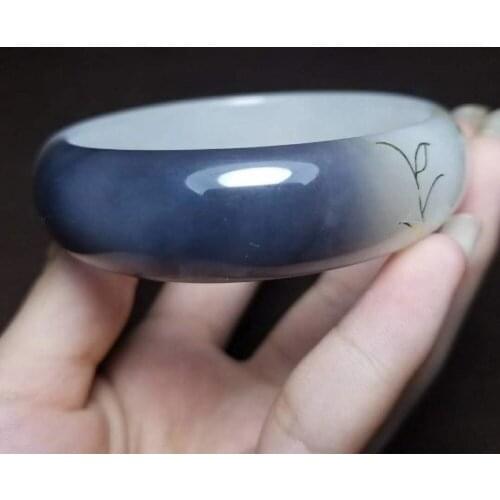 J33#Qinghai material and Tian Yubing bottom smoke purple white jade gold carved flower bracelet