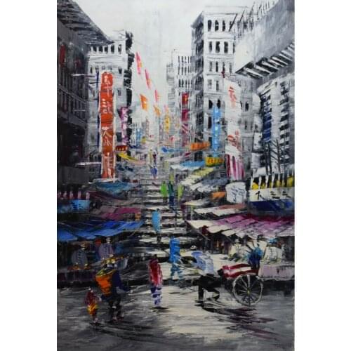 Hand Painted Oil Painting on Canvas Cityscape Hong Kong Trams Street Knife Canvas Painting Wall Art Picture for Living Room