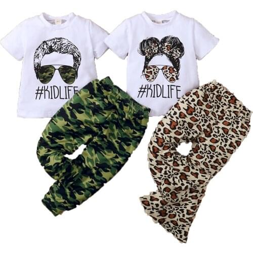 Fashion Toddler Baby Girls Clothes Kids Summer Short Sleeve Leopard Printed T Shirts Tops Flare Pants Outfit Sets 1-6Y