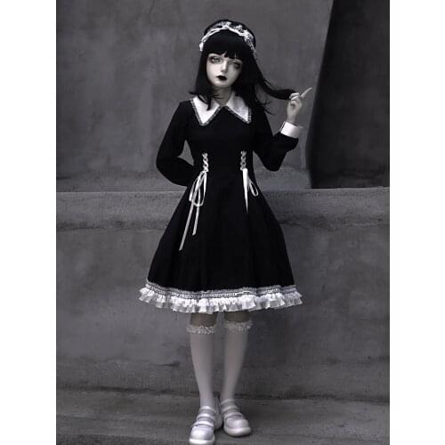 Original Design Gothic Maid Black Dress Spring Autumn Light Lolita Lace Strap Long Sleeve Punk Japan Ball Gown Cake Dresses 2021