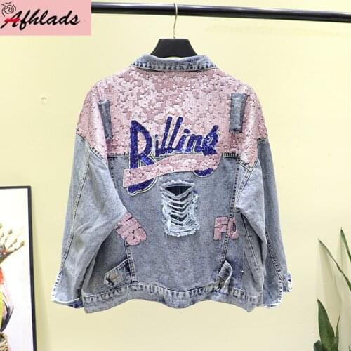 Autumn New Style Loose Hole Sequin Embroidered Denim Short Coats Womens Long Sleeve Streetwear Popular Plus Size Jackets