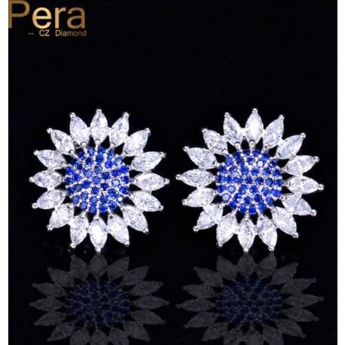 Pera New Korean Style Fashion Ladies Big Sun Flower Cubic Zirconia Royal Blue Ear Stud Earrings For Women Party Jewelry E335